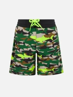 MC2 Saint Barth Boy Comfort Surf Jr Swim Shorts With Camo Shark Print