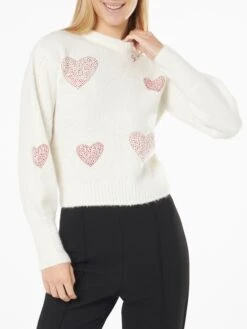 MC2 Saint Barth Woman Brushed White Sweater With Rhinestones Hearts