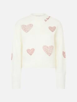 MC2 Saint Barth Woman Brushed White Sweater With Rhinestones Hearts -MC2 Saint Barth Shop BLOM001 00354E woman white sweater heart rhinestone 5