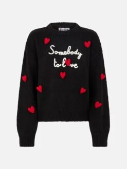 MC2 Saint Barth Woman Boxy Shape Soft Sweater With Somebody To Love Embroidery And Crochet Hearts Patch -MC2 Saint Barth Shop DANY002 11010E woman black sweater hearts 4