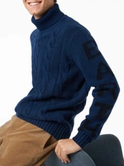 MC2 Saint Barth Man Black Cable Knit Turtleneck Sweater Fisherman