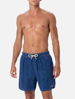 MC2 Saint Barth Man Mid-length Denim Blue Linen Swim-shorts Gustavia -MC2 Saint Barth Shop GUS0008 00124F 01