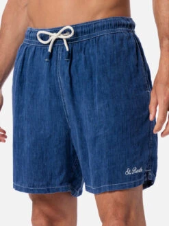 MC2 Saint Barth Man Mid-length Denim Blue Linen Swim-shorts Gustavia -MC2 Saint Barth Shop GUS0008 00124F 02