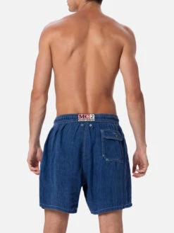 MC2 Saint Barth Man Mid-length Denim Blue Linen Swim-shorts Gustavia -MC2 Saint Barth Shop GUS0008 00124F 03