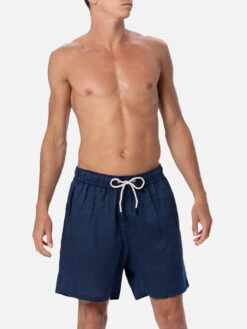 MC2 Saint Barth Mid-length Navy Blue Linen Swim-shorts Gustavia -MC2 Saint Barth Shop GUS0008 00320F 01 6917f2c9 8480 4331 866e 6cef5c6aa38b