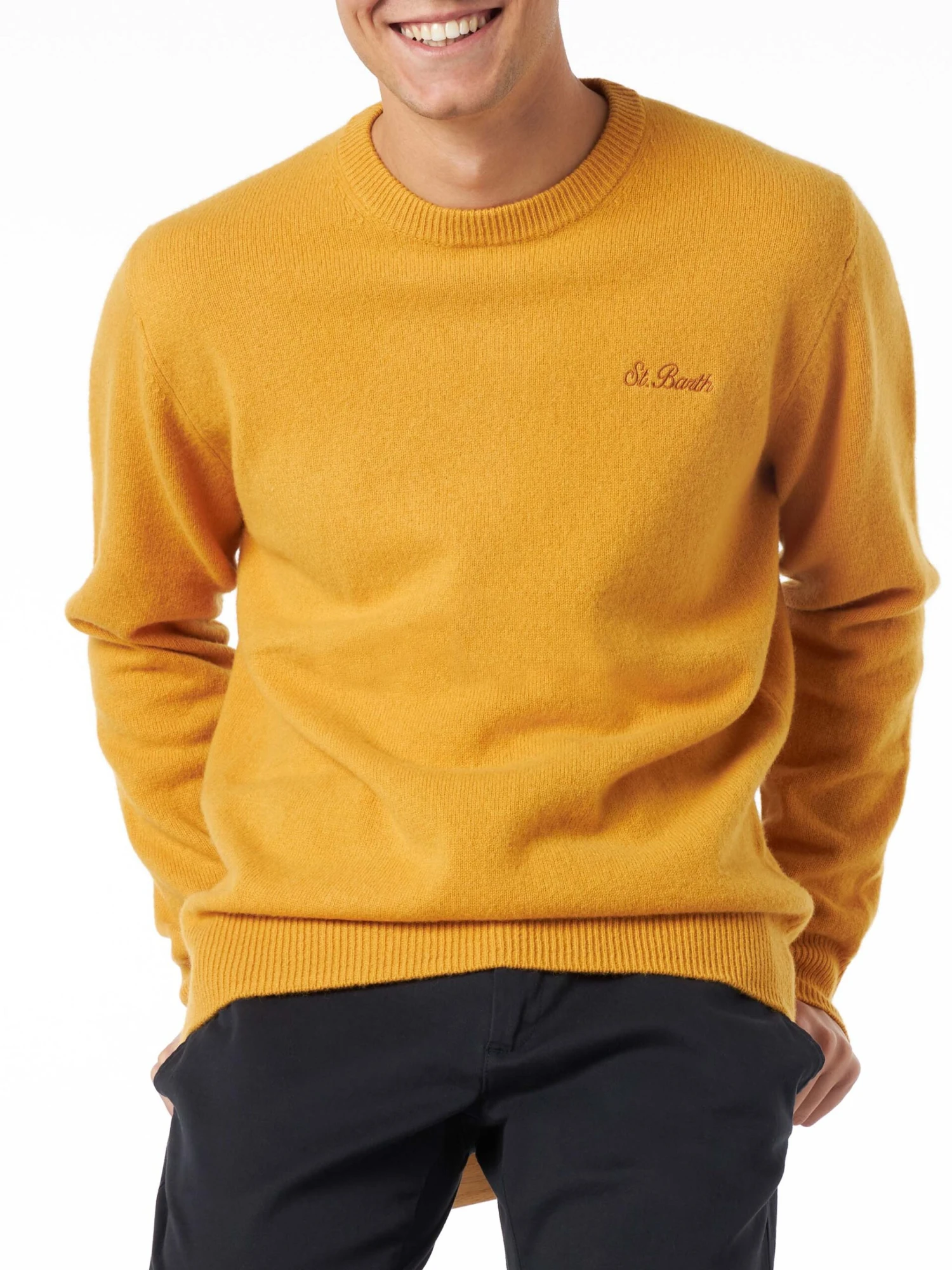 MC2 Saint Barth Man Crewneck Ochre Yellow Sweater With St. Barth Embroidery 3 MC2 Saint Barth Man Crewneck Ochre Yellow Sweater With St. Barth Embroidery