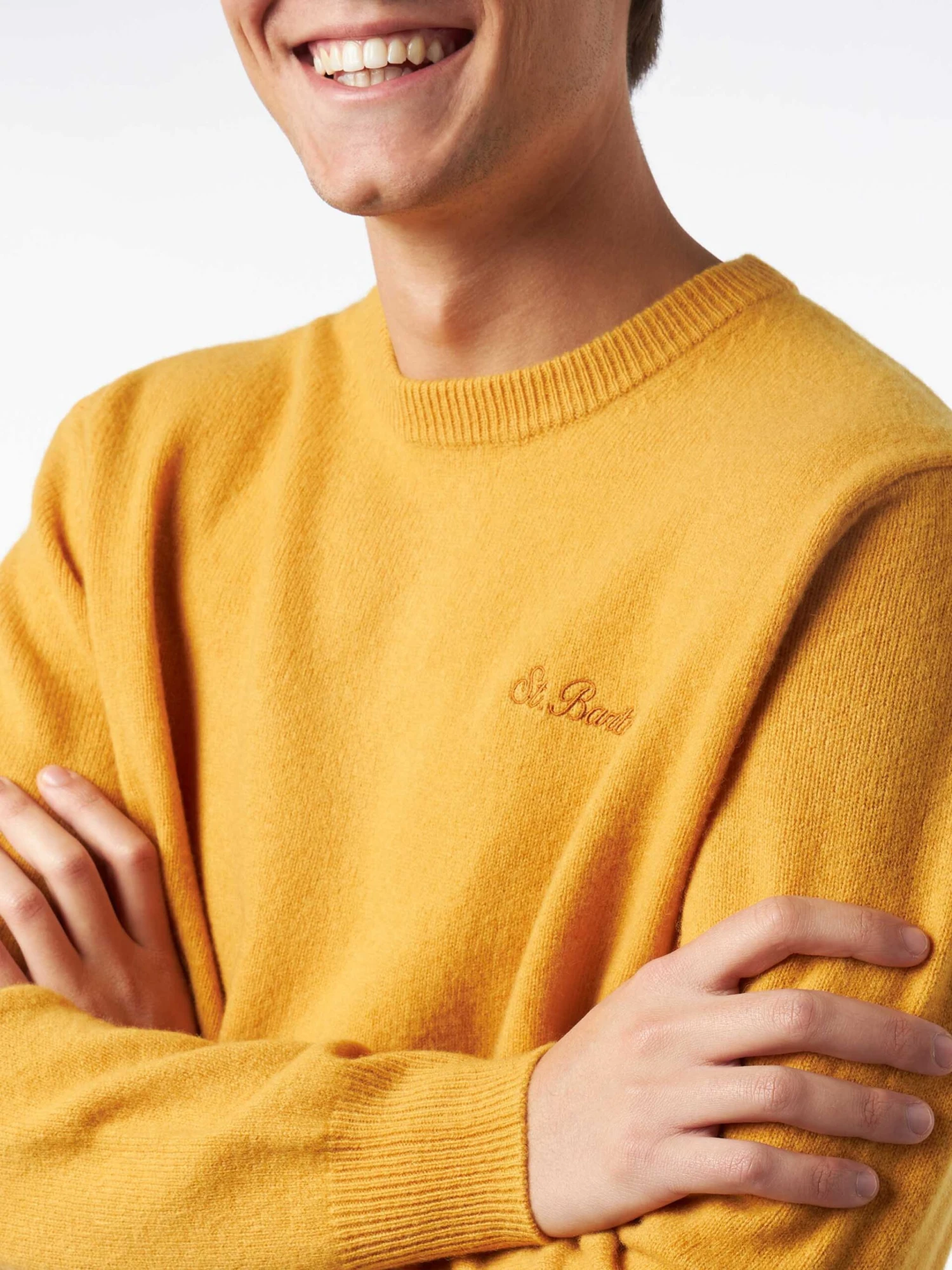 MC2 Saint Barth Man Crewneck Ochre Yellow Sweater With St. Barth Embroidery 4 MC2 Saint Barth Man Crewneck Ochre Yellow Sweater With St. Barth Embroidery - Image 2