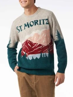 MC2 Saint Barth Man Crewneck Donegal Sweater With St. Moritz Postcard Jacquard
