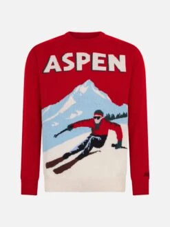 MC2 Saint Barth Man Crewneck Sweater With Aspen Postcard Jacquard -MC2 Saint Barth Shop HER0011 00672C man red postcard sweater aspen 4