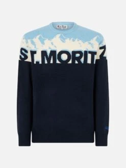 MC2 Saint Barth Man Crewneck Sweater With St. Moritz Postcard Jacquard -MC2 Saint Barth Shop HER0011 09975E man sweater stmoritz blue 4