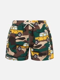 MC2 Saint Barth Boy Lightweight Fabric Swim-shorts Jean Lighting With Off-road Car Print