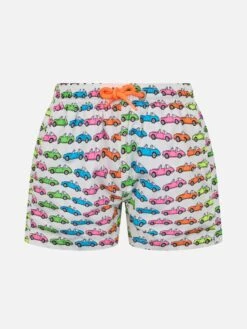 MC2 Saint Barth Boy Lightweight Fabric Swim-shorts Jean Lighting With Cars Print