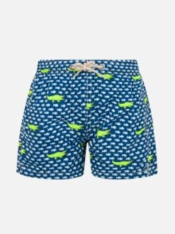MC2 Saint Barth Boy Lightweight Fabric Swim-shorts Jean Lighting With Crocodile Print