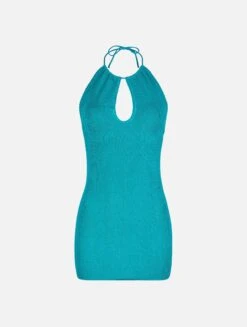 MC2 Saint Barth Woman Teal Green Lurex Halterneck Crinkle Dress -MC2 Saint Barth Shop PAL0001 02869F woman dress teal crinkle halter neck 4