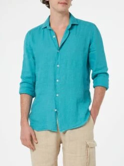 MC2 Saint Barth Man Teal Linen Shirt Pamplona