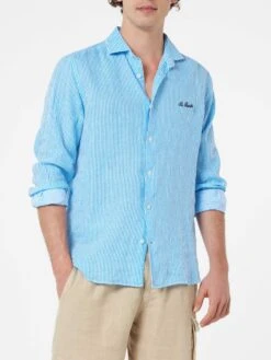 MC2 Saint Barth Man Turquoise Striped Linen Shirt Pamplona