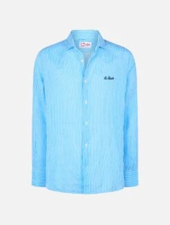 MC2 Saint Barth Man Turquoise Striped Linen Shirt Pamplona -MC2 Saint Barth Shop PAMP001 02427F man turquoise linen shirt 4