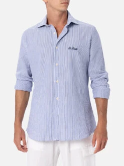 MC2 Saint Barth Man Seersucker Cotton Shirt Pamplona With Bluette Stripes