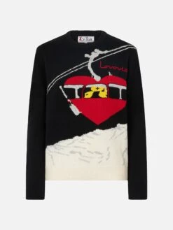 MC2 Saint Barth Woman Crewneck Black Sweater With Lovovia Embroidery -MC2 Saint Barth Shop QUE0018 10024E woman sweater postcard embroidery 4