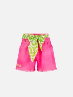 MC2 Saint Barth Girl Fluo Pink Upcycled Denim Shorts With Embroidery