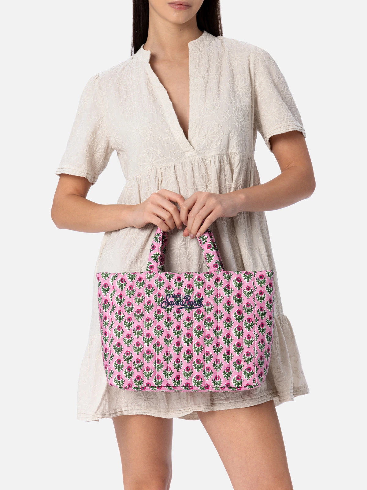 MC2 Saint Barth Pink Flower Quilted Soft Tote Mid Bag 7 MC2 Saint Barth Pink Flower Quilted Soft Tote Mid Bag - Image 5