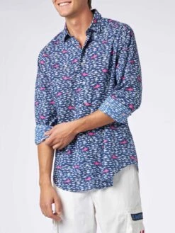 MC2 Saint Barth Man Muslin Cotton Sikelia Shirt With Fish And Shark Print