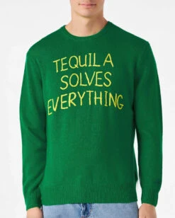 MC2 Saint Barth Man Green Sweater With Tequila Solves Everything Embroidery