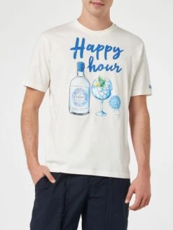 MC2 Saint Barth Man Cotton T-shirt With Happy Hour Placed Print