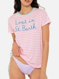 Woman Striped T-shirt With Lost In St. Barth Embroidery