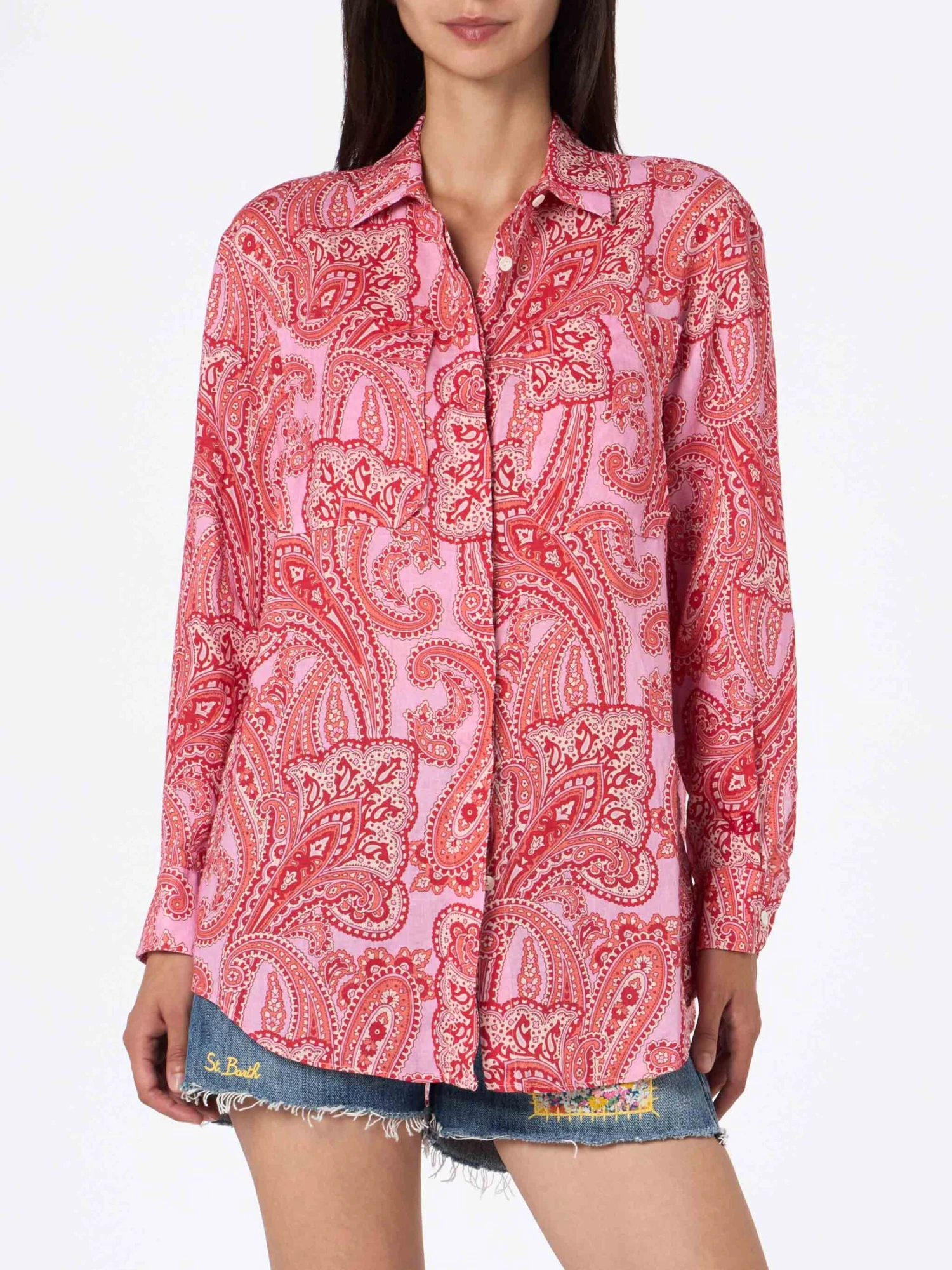MC2 Saint Barth Woman Linen Shirt Alodie With Paisley Print And Pockets