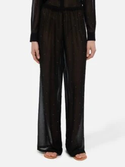 MC2 Saint Barth Amalia Black Wide-leg Georgette Trousers With Rhinestone Embellishment
