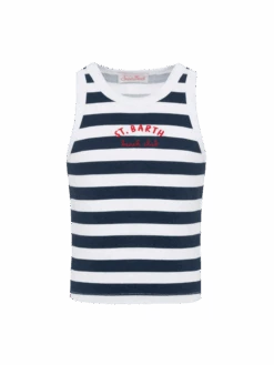MC2 Saint Barth Blue Jr Navy Blue Striped Rib-knit Cotton Crop Tank With Embroidery