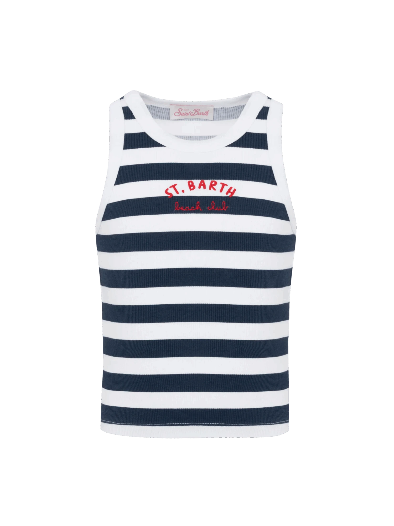 MC2 Saint Barth Blue Jr Navy Blue Striped Rib-knit Cotton Crop Tank With Embroidery 3 MC2 Saint Barth Blue Jr Navy Blue Striped Rib-knit Cotton Crop Tank With Embroidery