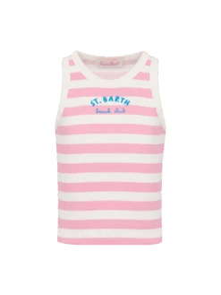 MC2 Saint Barth Blue Jr Pink Striped Rib-knit Cotton Crop Tank With Embroidery