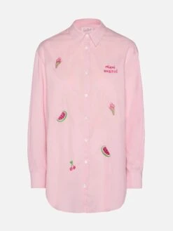 MC2 Saint Barth Brigitte Striped-print Cotton Shirt With Miami Habituè Embroidery -MC2 Saint Barth Shop UID BRIG00104181H WOMAN SHIRT PINK POSTCARD PLACES MC2 5
