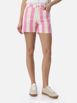 MC2 Saint Barth Woman Pink Striped Print Denim Bermuda Cancun