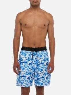 MC2 Saint Barth Comfort Surf Swim Shorts With Sharks Print | AI CO-CREATED DESIGN BY RICKDICK - POWERED BY RED-EYE -MC2 Saint Barth Shop UID COM000201024H MAN SWIMSHORT WHITE TOILEDEJOUY AIBYRICKDICK 1