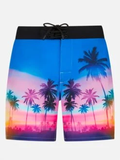 MC2 Saint Barth Man Comfort And Stretch Surf Shorts With Palm Print