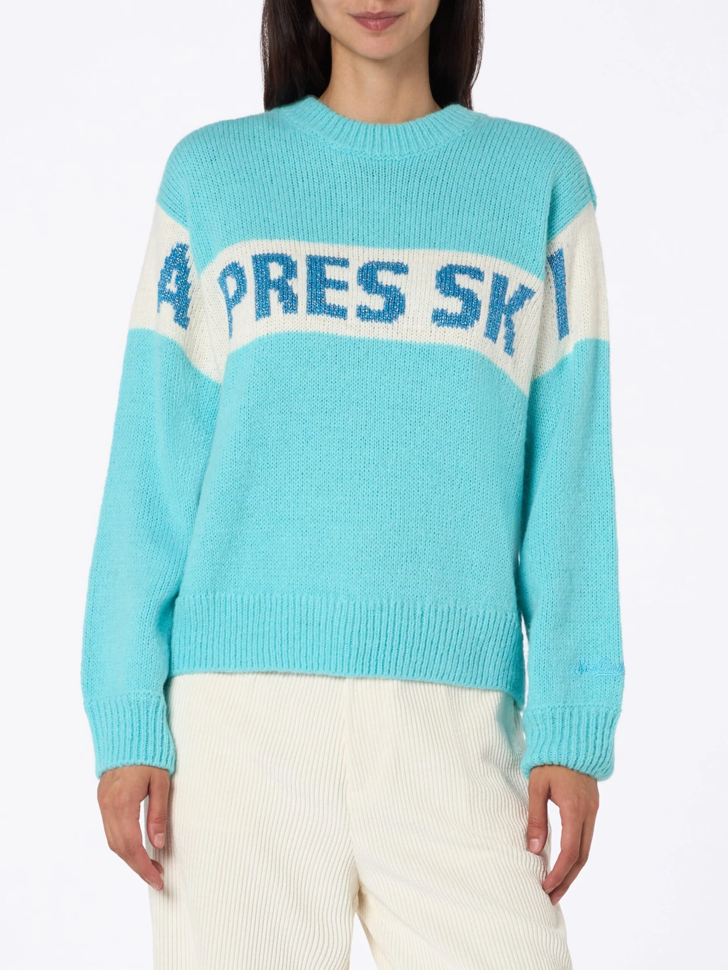 MC2 Saint Barth Woman Light Blue Sweater Danya With Apres Ski Print 3 MC2 Saint Barth Woman Light Blue Sweater Danya With Apres Ski Print