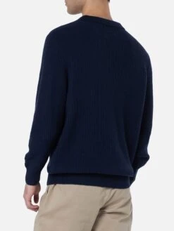 MC2 Saint Barth Man Navy Blue Cashmere Blend Ribbed Sweater Downing With Buttoned Collar -MC2 Saint Barth Shop UID DOW000100010G MAN KNITWEAR BLUE 20240903153501 3