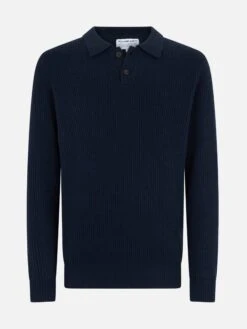 MC2 Saint Barth Man Navy Blue Cashmere Blend Ribbed Sweater Downing With Buttoned Collar -MC2 Saint Barth Shop UID DOW000100010G MAN KNITWEAR BLUE 20240905103500 1
