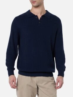 MC2 Saint Barth Man Navy Blue Cashmere Blend Ribbed Sweater Downing With Buttoned Collar