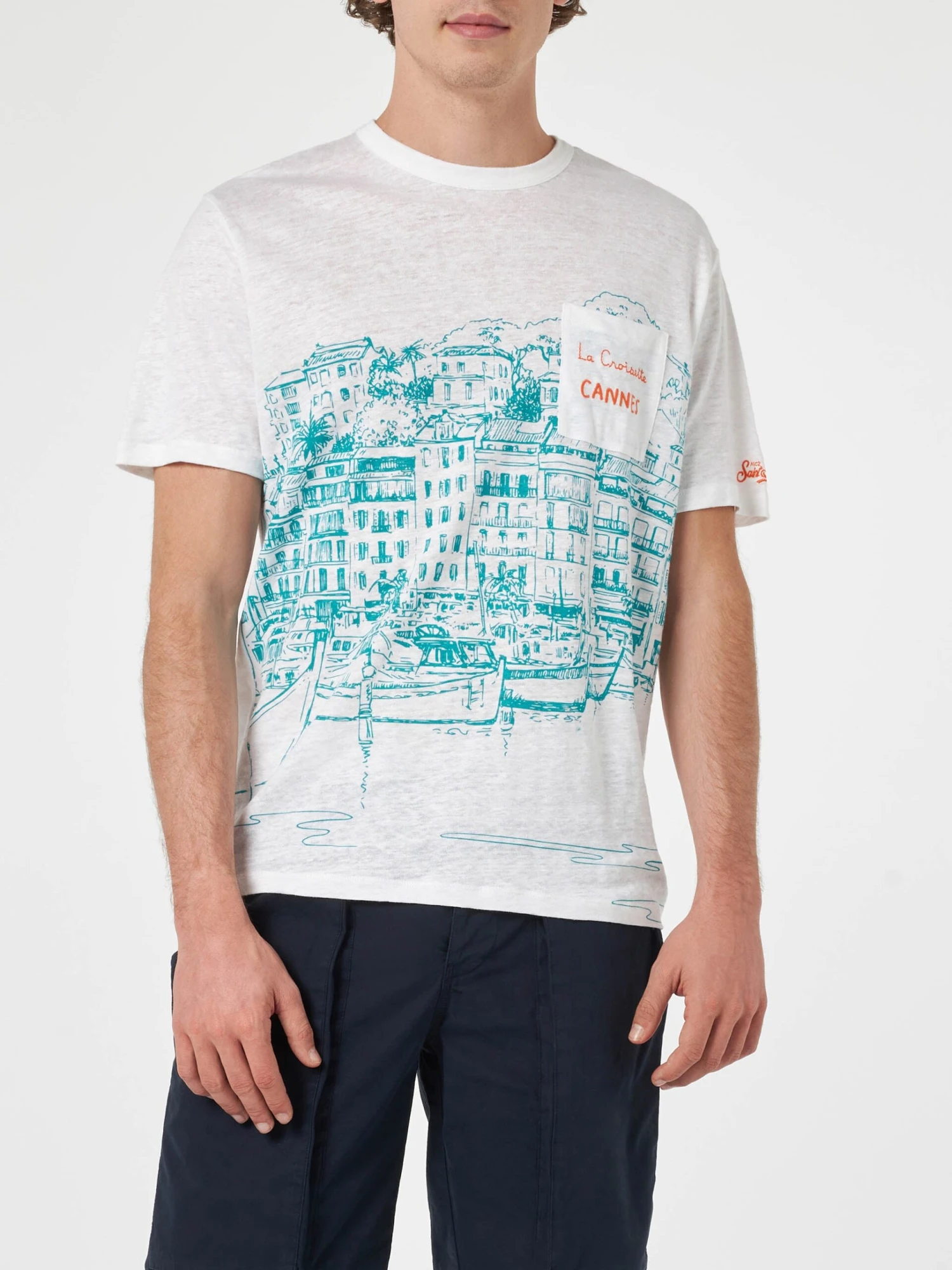MC2 Saint Barth Man Linen Jersey T-shirt Ecstasea With Cannes Placed Print And Embroidered Pocket 4 MC2 Saint Barth Man Linen Jersey T-shirt Ecstasea With Cannes Placed Print And Embroidered Pocket - Image 2