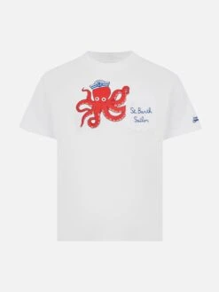 MC2 Saint Barth Eddy Cotton T-shirt With Octopus Print And St. Barth Sailor Embroidery
