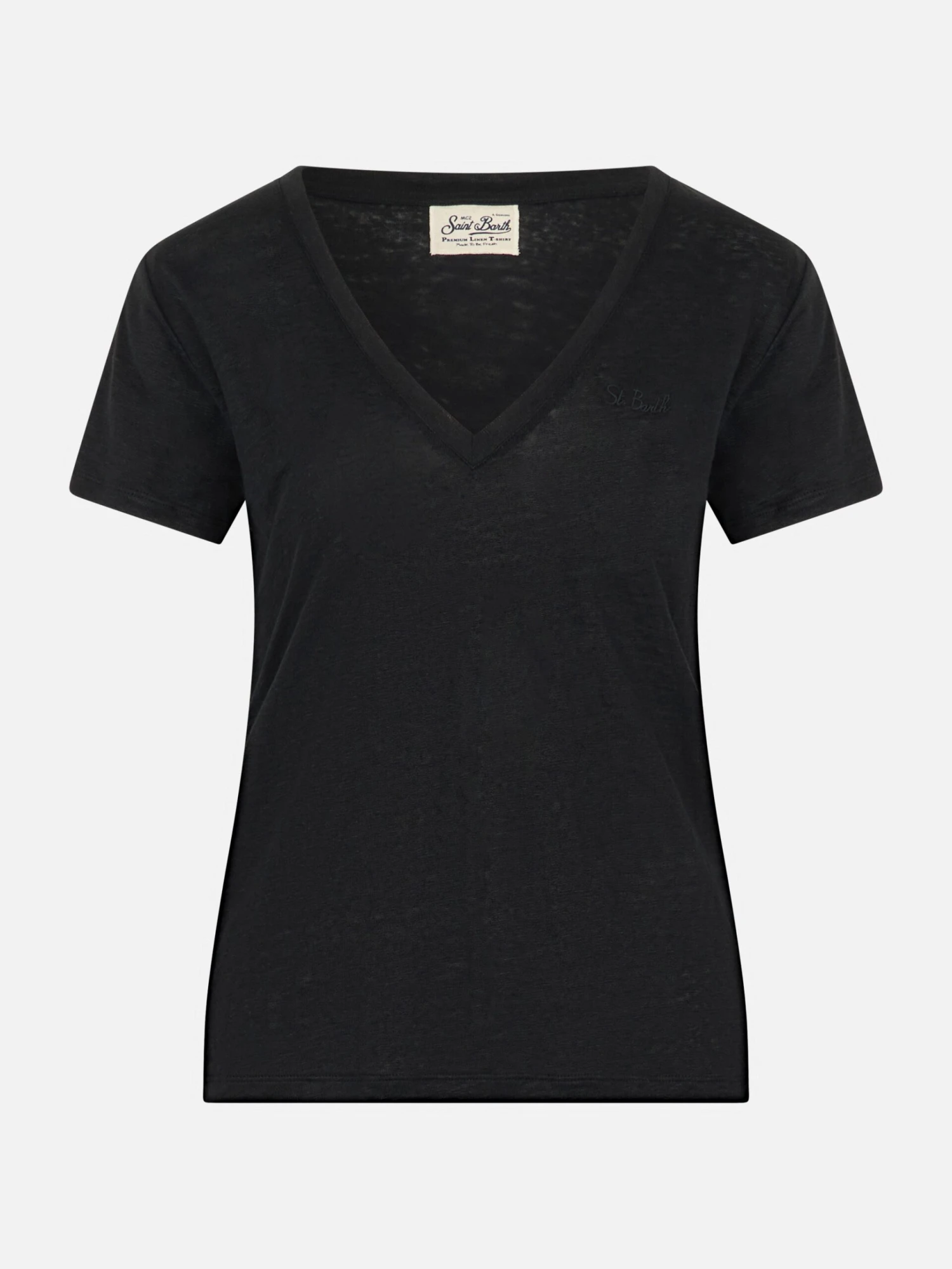 MC2 Saint Barth Linen Jersey Black V-neck T-shirt Eloise 6 MC2 Saint Barth Linen Jersey Black V-neck T-shirt Eloise - Image 4