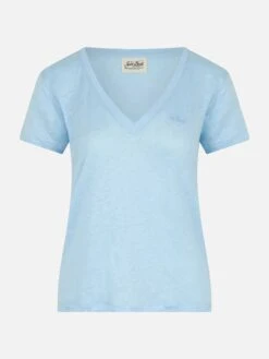 MC2 Saint Barth Linen Jersey Light Blue V-neck T-shirt Eloise 9 MC2 Saint Barth Linen Jersey Light Blue V-neck T-shirt Eloise -MC2 Saint Barth Shop UID ELOI00101791F WOMAN T SHIRT SKY 4