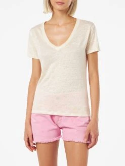 MC2 Saint Barth Linen Jersey Off-white V-neck T-shirt Eloise