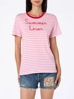 MC2 Saint Barth Woman Striped Cotton Jersey Crewneck T-shirt Emiilie With Summer Lover Embroidery