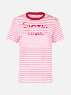 MC2 Saint Barth Woman Striped Cotton Jersey Crewneck T-shirt Emiilie With Summer Lover Embroidery -MC2 Saint Barth Shop UID EMI000105364F WOMAN T SHIRT PINK 20240905103500 1