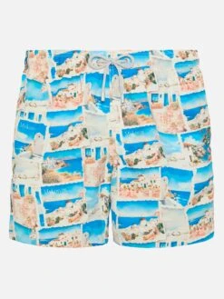 MC2 Saint Barth Mid-length Gustavia Swim-shorts With Mykonos Postcard Print | AI CO-CREATED DESIGN BY RICKDICK - POWERED BY RED-EYE